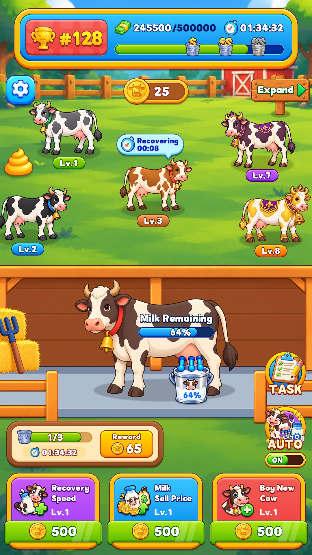 Dairy farm game screen showing cows with different levels, milk production, farm expansion, tasks, and upgrades