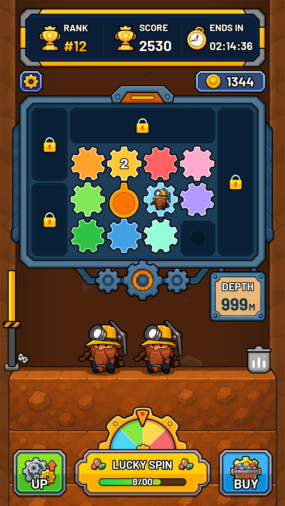 Mining game screen showing colorful gears, miners, depth tracking, upgrades, and a timed leaderboard